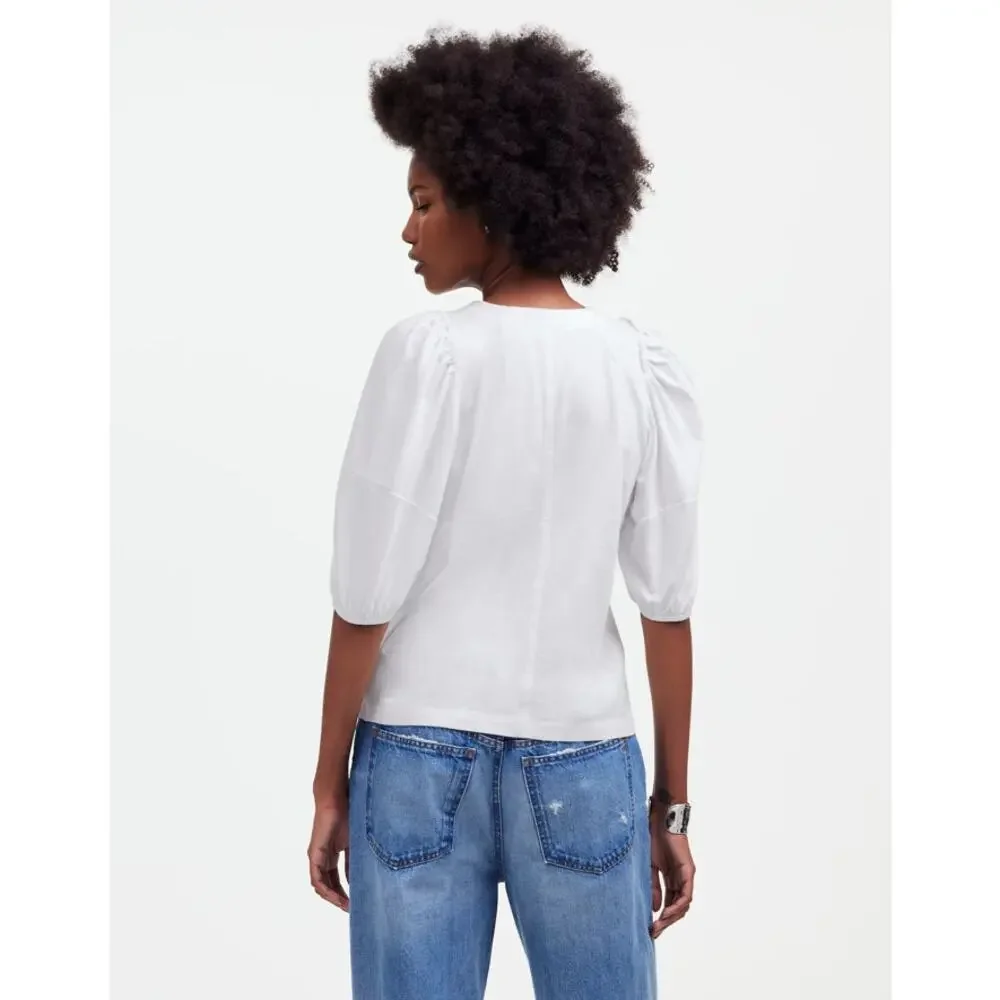 Madewell Puff-Sleeve Tee Womens S White Crew Neck Cotton Relaxed Fit Ruffle Trim